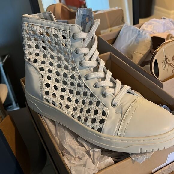 Free People Hayes High Top Sneakers Lace Up Side Zip Woven Ivory White - Picture 12 of 13